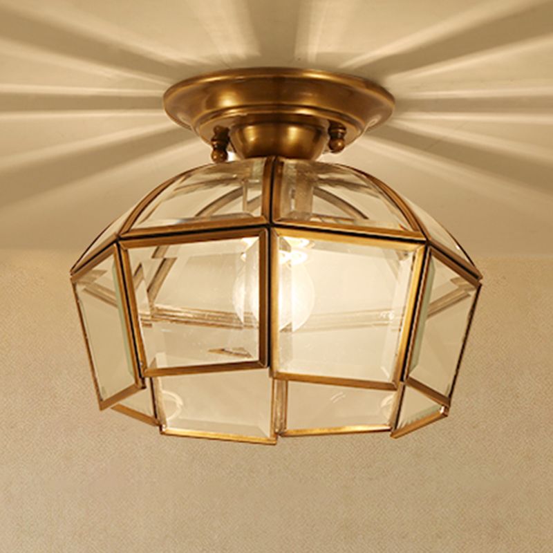 Colonialist Beveled Ceiling Mounted Light 1 Bulb Clear Glass Flush Mount Light Fixture in Brass