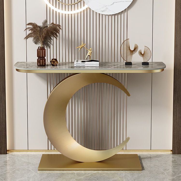Stain Resistant Console Table with Iron Pedestal Base and Stone Top