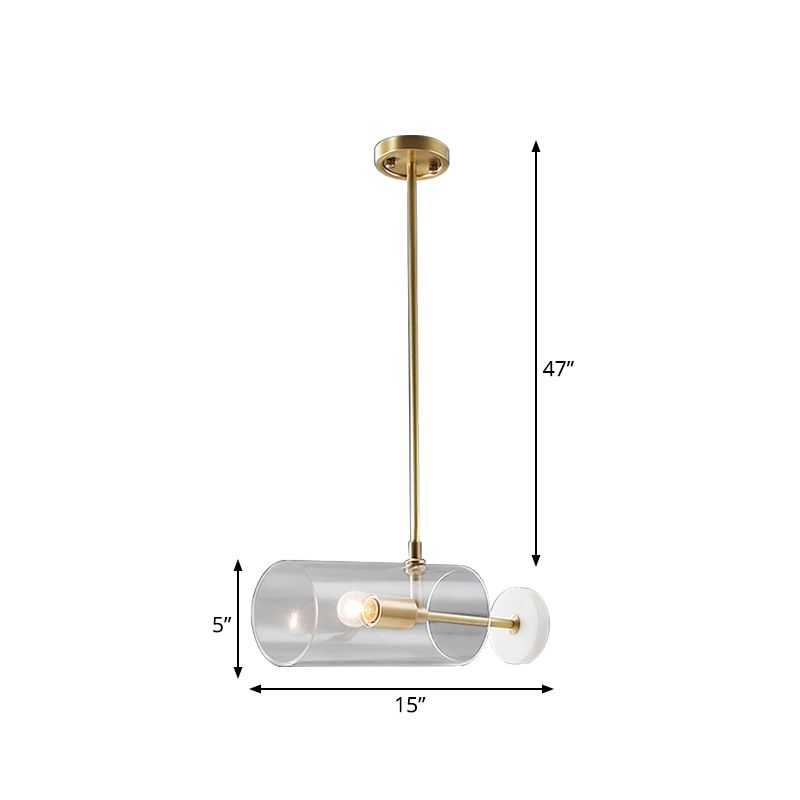 Single Dining Table Suspension Pendant Minimalism Brass Hanging Light with Cylinder Translucent Glass Shade