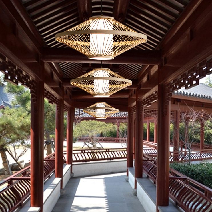 Flying Saucer Pendant Light Fixture Chinese Bamboo 1 Light Restaurant Suspension Pendant