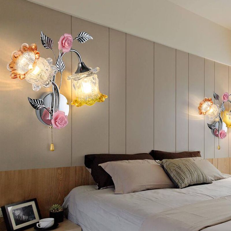 Modern Flower Flush Mount Wall Sconce 2-Light Bedroom Wall Sconce Lights with Grass Shade