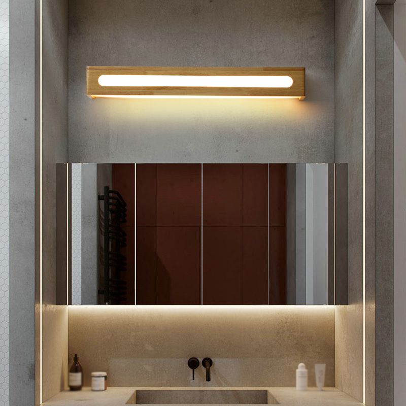 Square Shape Wood Wall Sconce Modern Style 1 Light Mirror Wall Mount Lighting in Brown