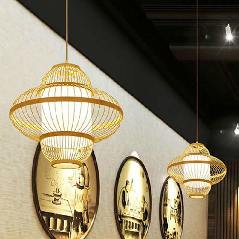Lantern Ceiling Light Modern Bamboo Single Restaurant Hanging Pendant Light in Wood