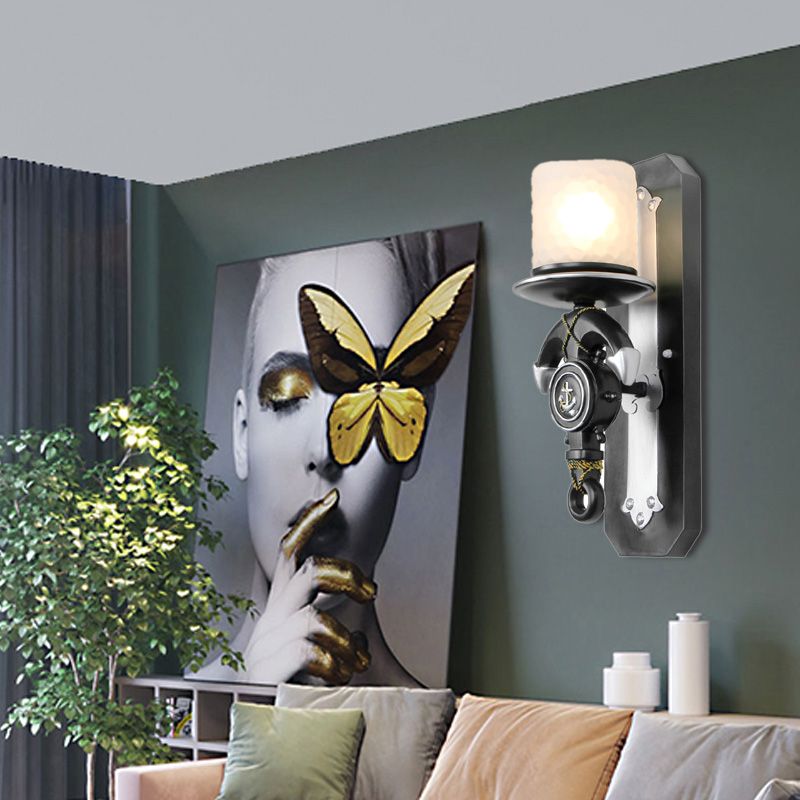 1 Head Indoor Wall Sconce Lamp Nautical Style Blue/White Wall Lighting with Cylinder Opal Glass Shade and Anchor Design