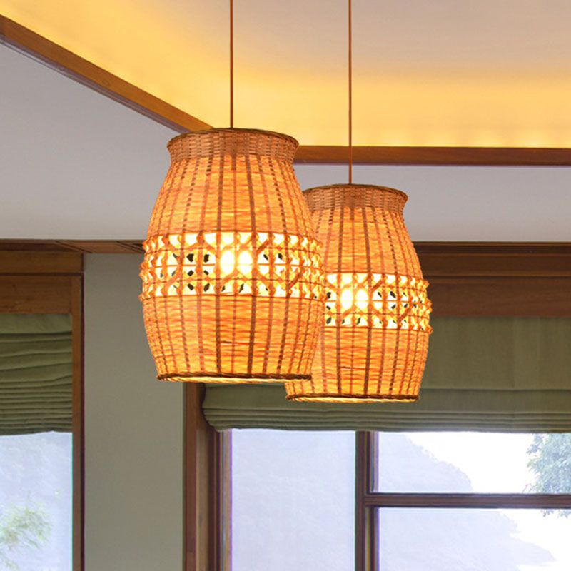 Bamboo Jar Shaped Pendulum Light Asian 1-Light Wood Woven Ceiling Hang Lamp Fixture