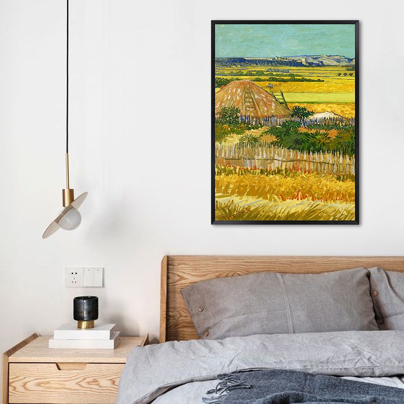 Poetic Wheat Field Painting for Home Van Gogh Artwork Wrapped Canvas in Green, Textured