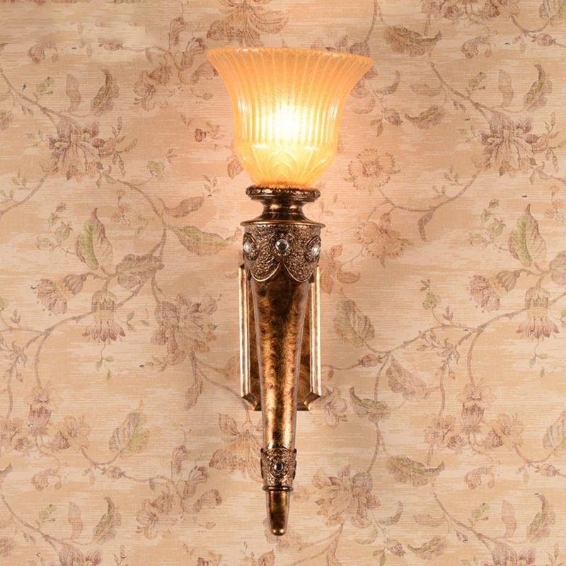 Resin Gold Wall Mounted Light Ivory Design 1 Light Vintage Style Sconce Lamp with Amber Glass Bell Shade