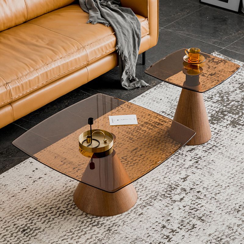 Square Glass Top Coffee Table in Brown Modern Pedestal Cocktail Table