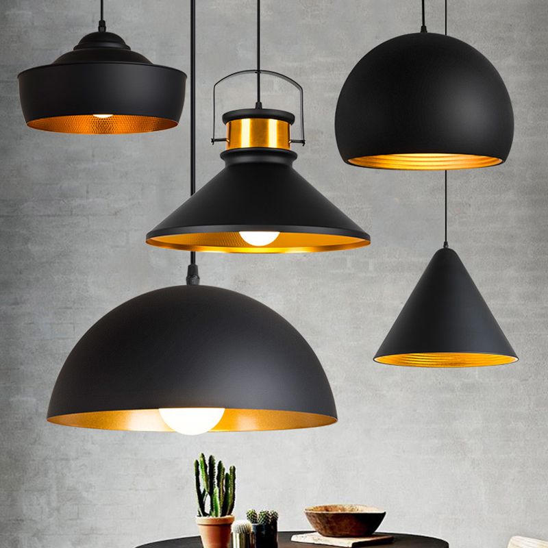 Black and Gold Inner Geometric Pendant Industrial Retro Metal 1-Light Bistro Hanging Light