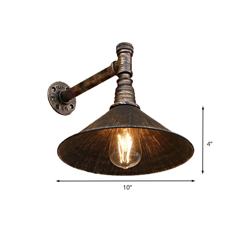 Antique Brass Cone Wall Sconce Farmhouse Style Metallic 1 Head Dining Room Wall Lighting Fixture with Pipe
