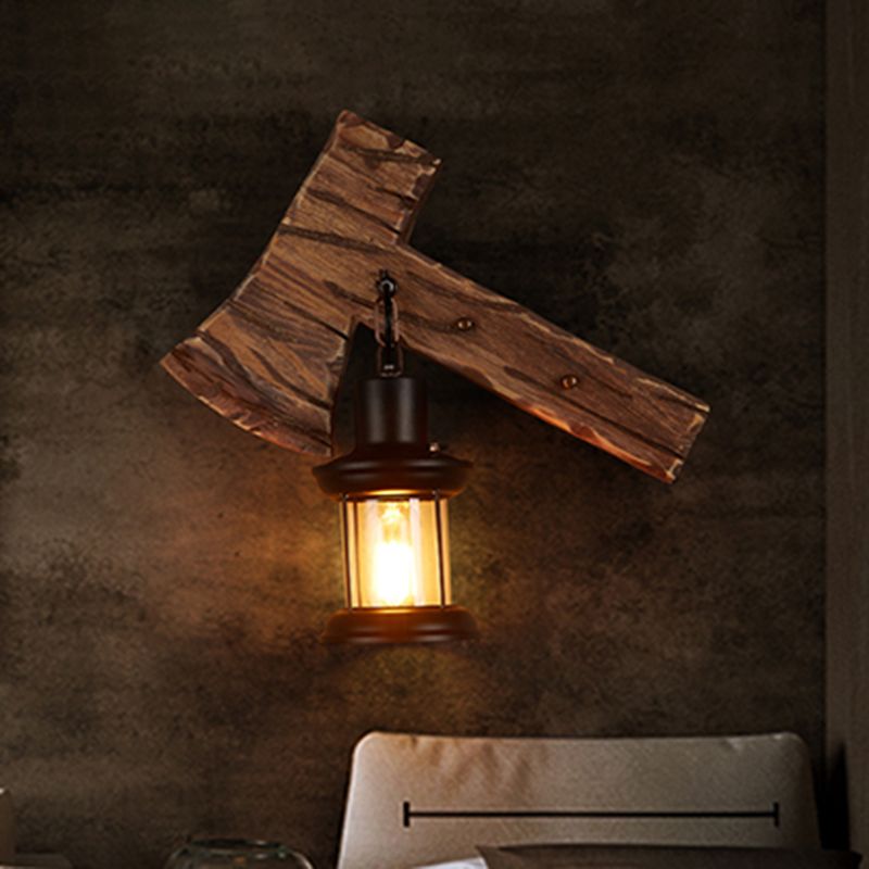 Wooden Ax Wall Sconce Light Country 1 Head Bedroom Wall Lighting with Lantern Shade
