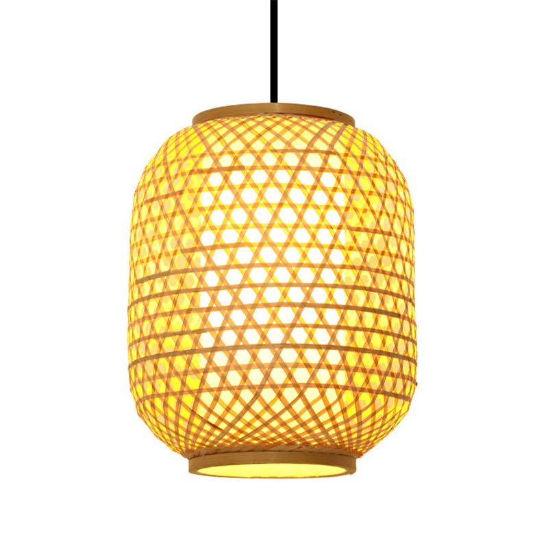 16“/19.5” Height Asia Lantern Hanging Pendant Bamboo 1 Light Dining Room Ceiling Light in Beige