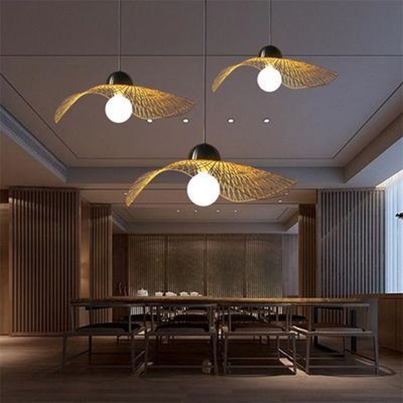 Asian Lotus Leaf Shape Pendant Lighting Bamboo 1 Bulb 14"/25.5"/41" Wide Restaurant Hanging Light Fixture in Beige