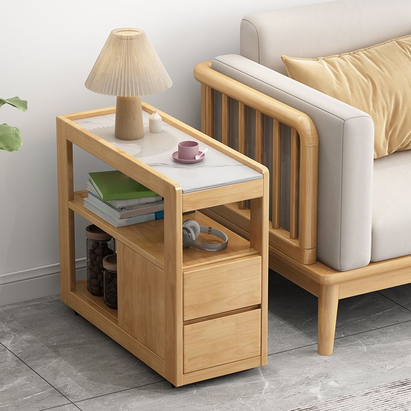 Solid Wood Accent Side Table 4 Legs with Storage Living Room Rectangular