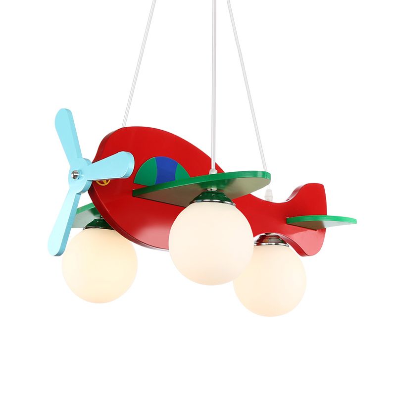 Kids Airplane Suspended Lighting Fixture Frosted Glass 3-Bulb Nursery Cluster Pendant Light in White/Red