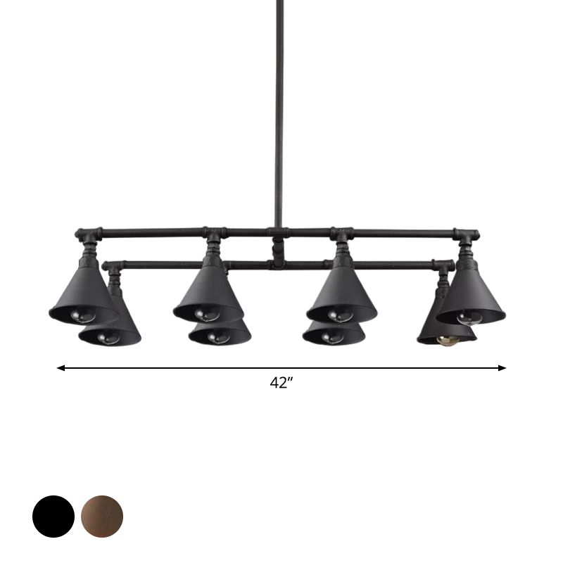 8 Bulbs Island Pendant Light Industrial Conical Iron Suspension Lighting in Black/Rust for Wine Bar