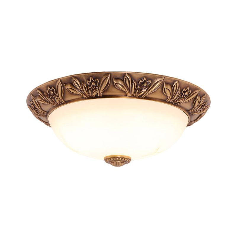 4/3/2 Heads Bowl Flush Light Antiqued Brass White Glass Ceiling Mounted Fixture,12"/16"/21.5" Width