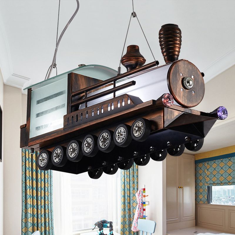 Steam Locomotive Kids Bedroom Chandelier Metal Cartoon LED Hanging Ceiling Light in Coffee