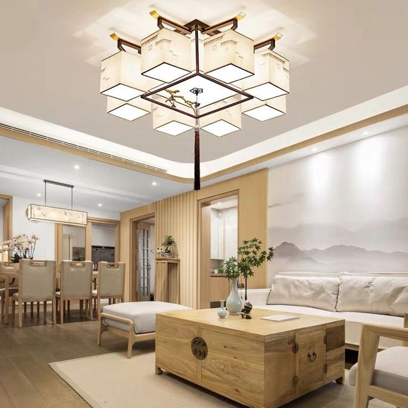 Multi-head Chinese Style Fabric Flush Mount Light Fixture for Living Room Dinning Room