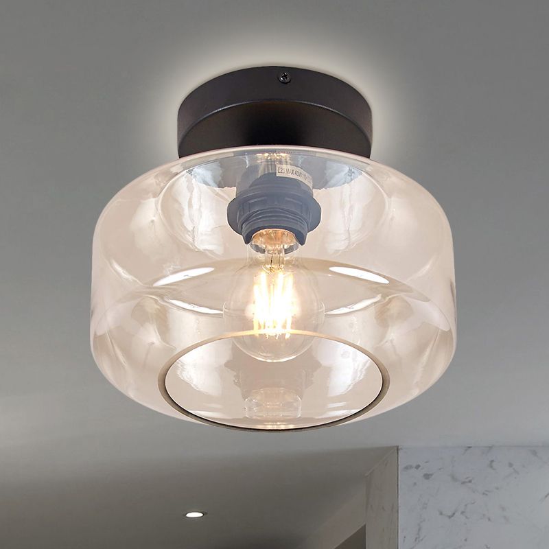 Abat-jour tambour à 1 lumière, semi-encastré, support de plafond industriel en verre noir transparent/ambre pour foyer