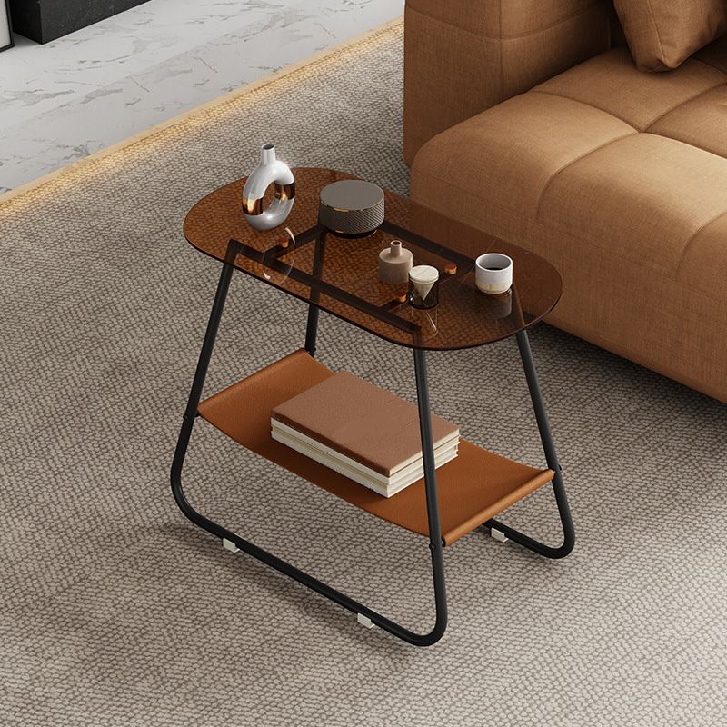 End Table Glass Sled with Storage Oval Contemporary Double Tier Side Table