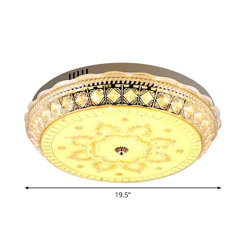 Clear Crystal Embedded Drum Flushmount Modern Living Room LED Flush Ceiling Light with Flower Pattern