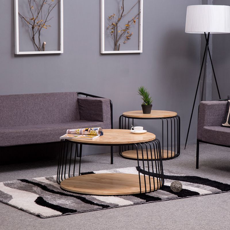 Nordic Solid Wood Round Coffee Cocktail Table with Floor Shelf
