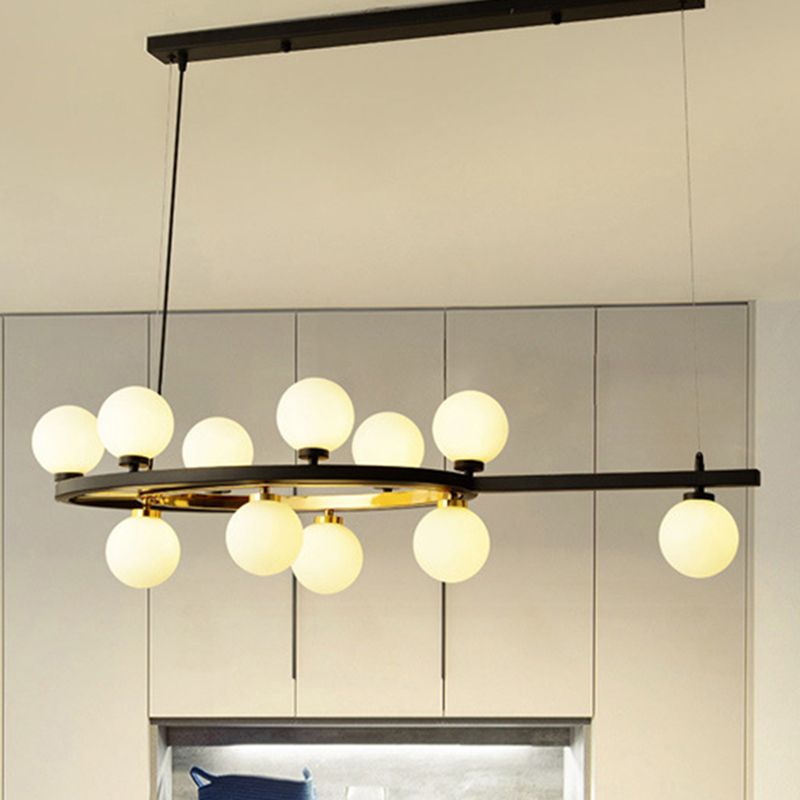 Black Oval Hanging Light Fixture Nordic 11 Heads Metal Island Lighting with Ball Opal Glass Shade