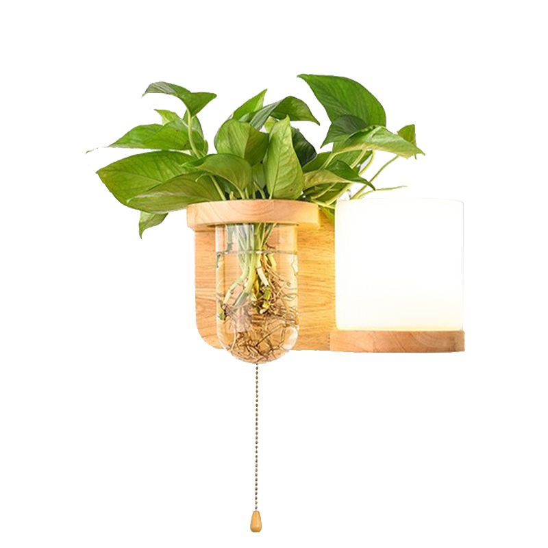 Modern Style Cylinder Shade Wall Light Wood 1 Light Sconces for Living Room without Plant