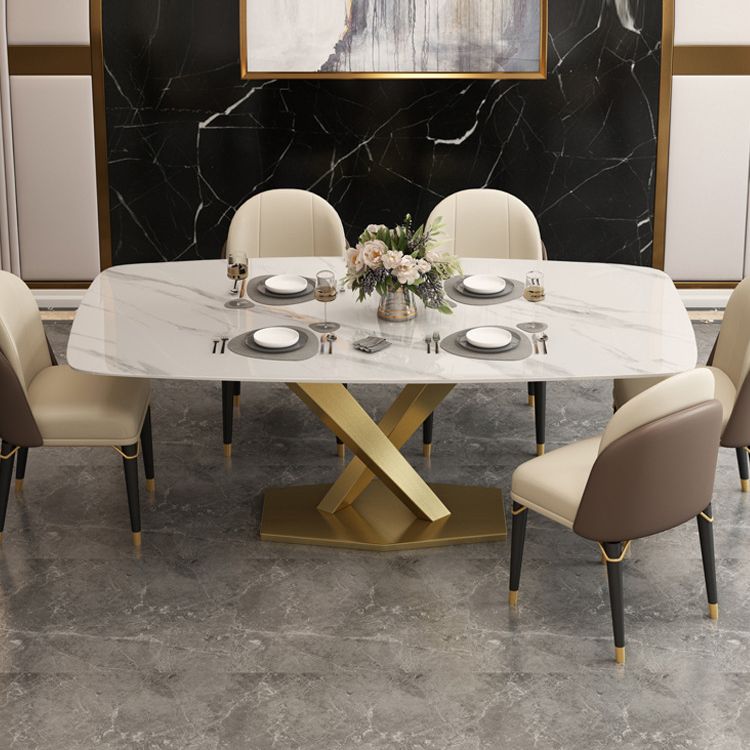 Table à manger rectangulaire de luxe traditionnelle, en pierre frittée blanche, avec socle doré