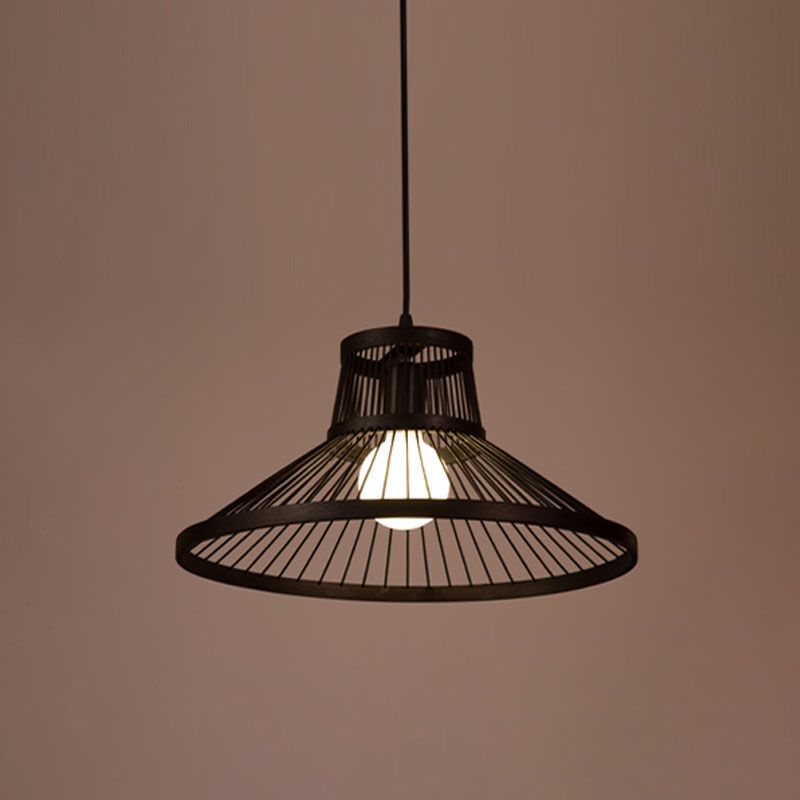 Bamboo Cage Style Pendant Lighting Chinese 1-Light Black Ceiling Suspension Lamp