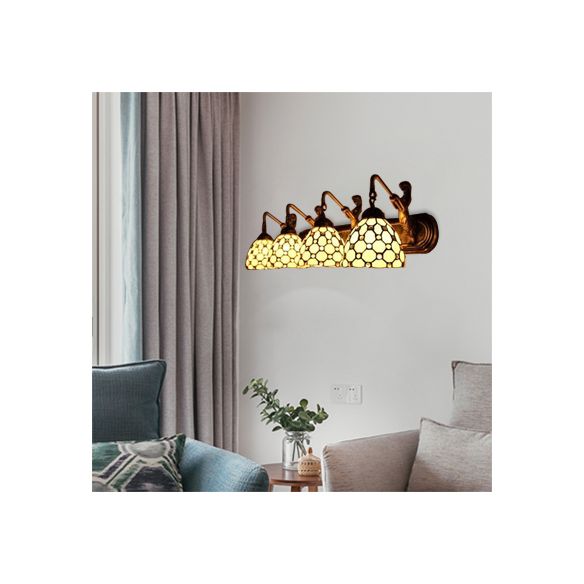 Beige Glass Dome Wall Mount Light Fixture Tiffany 4 Heads Antique Brass Sconce Light