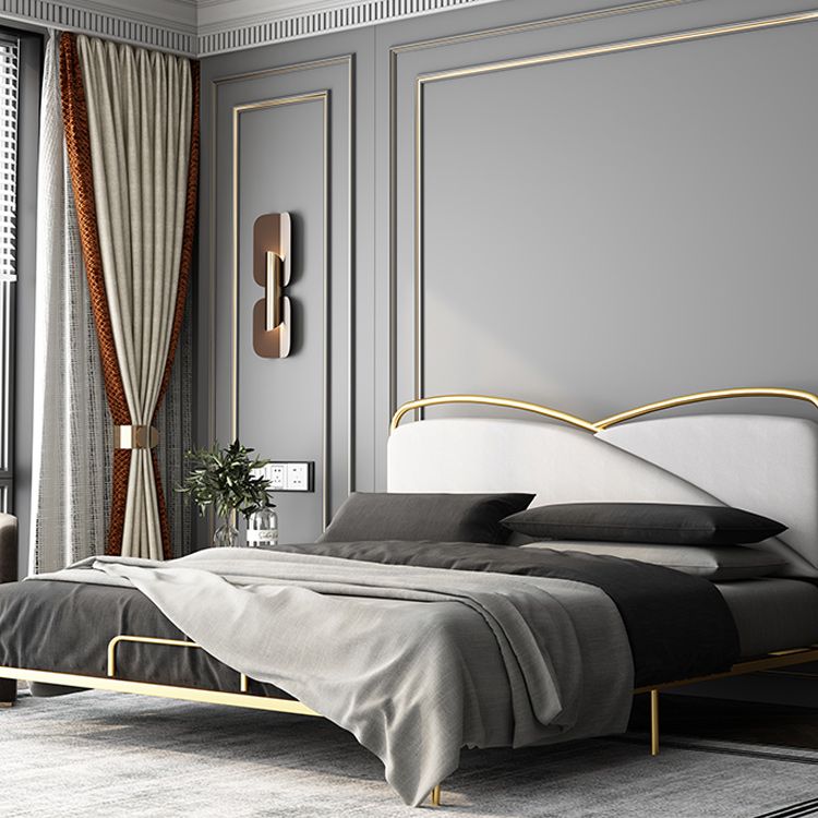 Luxurious Standard Bed in Gold Upholstered Low Profile Metal Bed