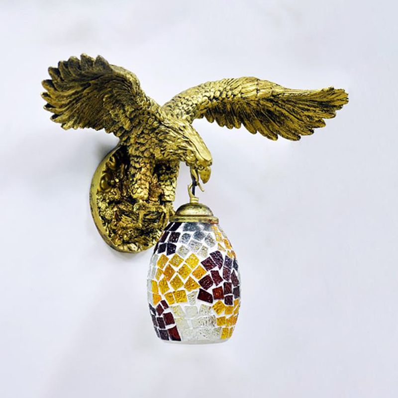 1 Light Balcony Wall Mount Fixture Tiffany Brass Sconce with Elongated Dome Silver/Red/Yellow Stained Glass Shade