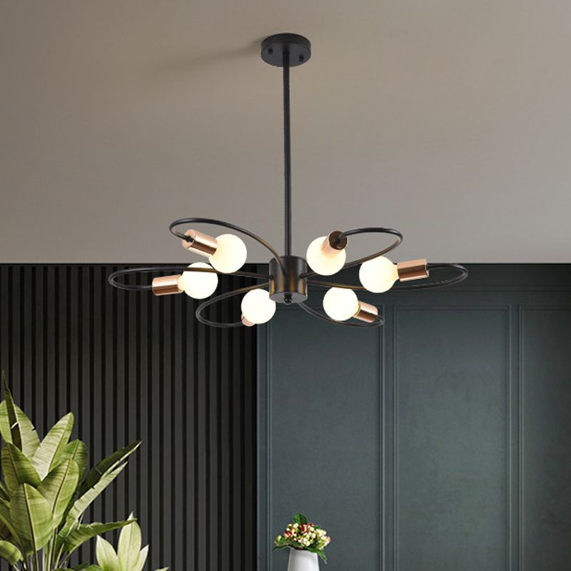 6 lampen gedraaide arm kroonluchter licht traditionele zwarte ijzeren hangende lamp met matglazen schaduw
