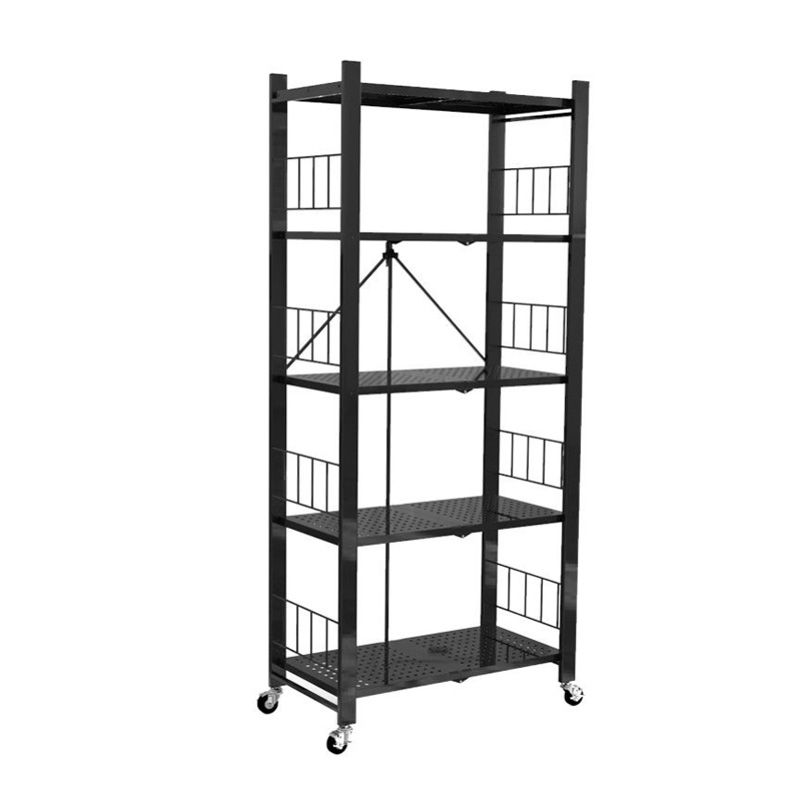 Contemporary Folding Steel Etagere Bookshelf with Caster Wheels