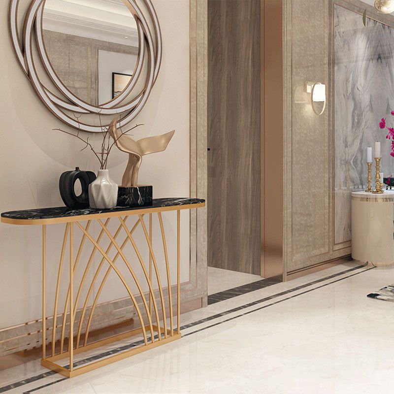 Glam Iron Console Sofa Table Oval Marble Console Accent Table for Hall