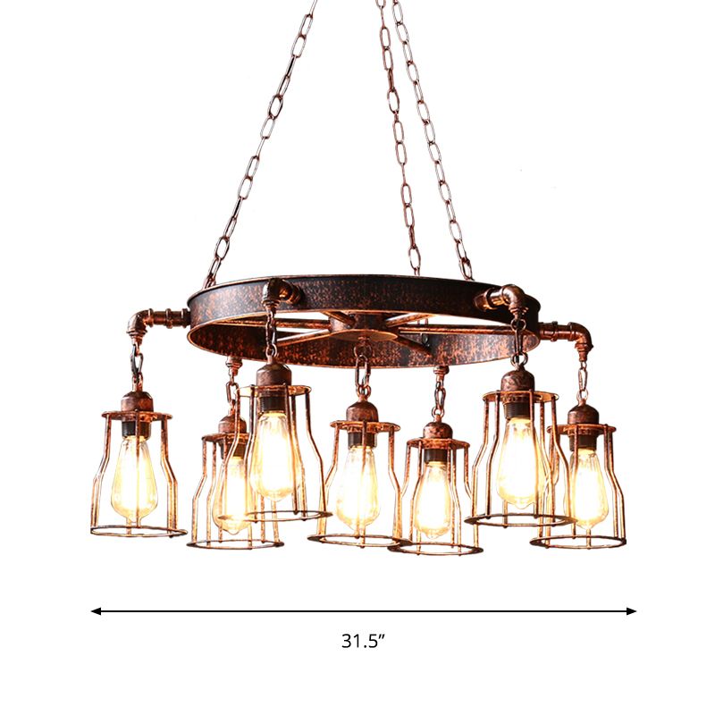 Rust 7 Lumières Pendante Lumière Ferme de cloche en fer forgé de cloche suspendue lampe à lustre avec conception de roues