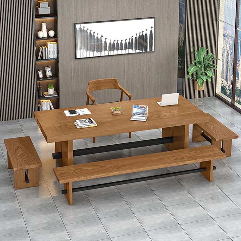 Rectangle Double Pedestal Dining Table Industrial Natural Wood and Metal Table