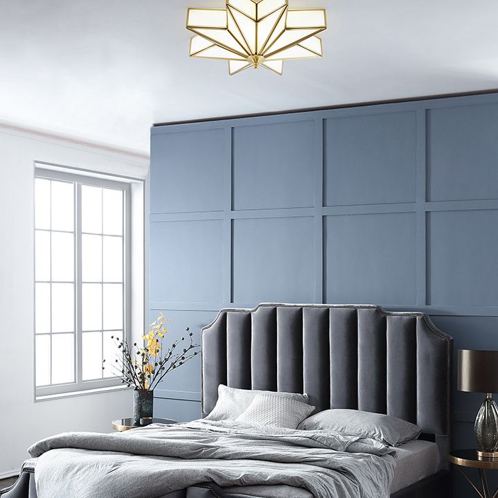 19.7 Inches Wide Octagonal Star Brass Ceiling Light White Glass Shade 4-Lights Traditional Rustic Style Flush Mount Lamp