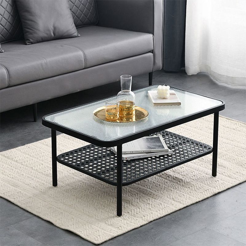 4 Legs Coffee Table Contemporary Glass Top Coffee Cocktail Table with Shelf