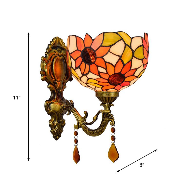 Sunflower Patterned Dome Sconce Lamp 1 Bulb Cut Glass Tiffany Wall Lighting Fixture with Brass Curved Arm