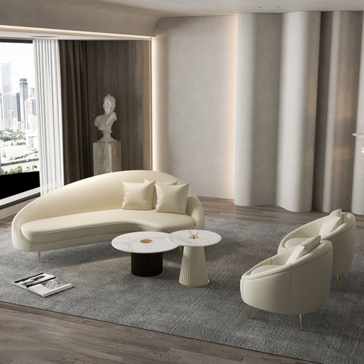 Faux Leather Curved Sofa Contemporary Sloped Arm Sofa for Living Room