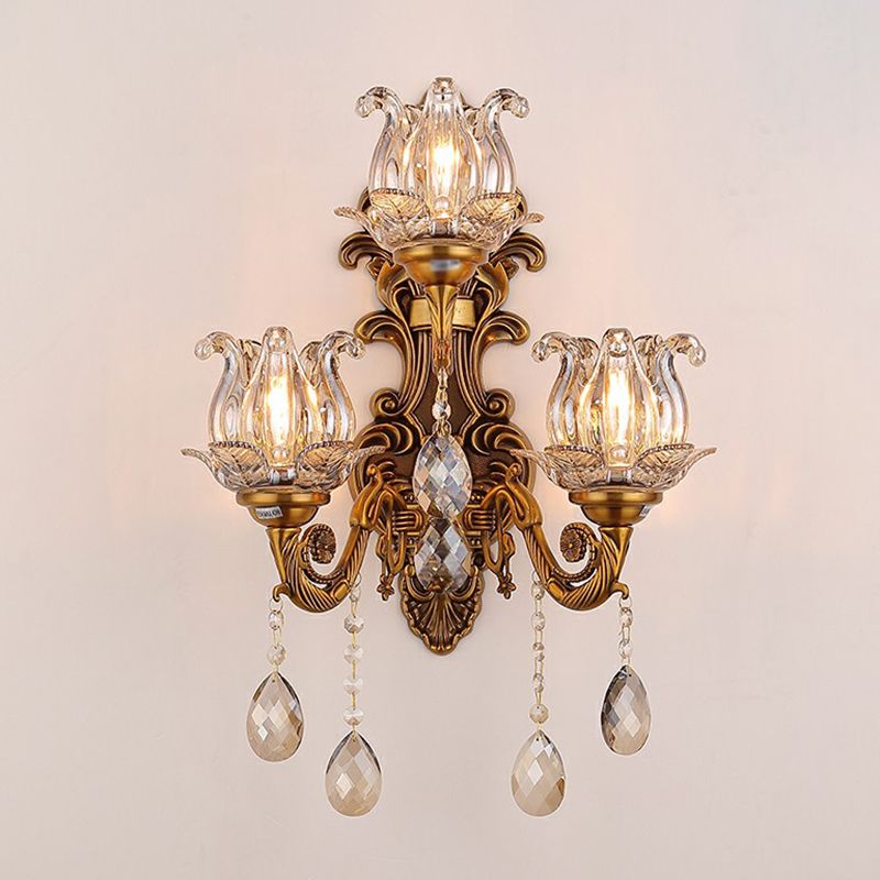 3-Light Candle Wall Sconce Antique Style Metallic Wall Mount Light with Crystal Droplet
