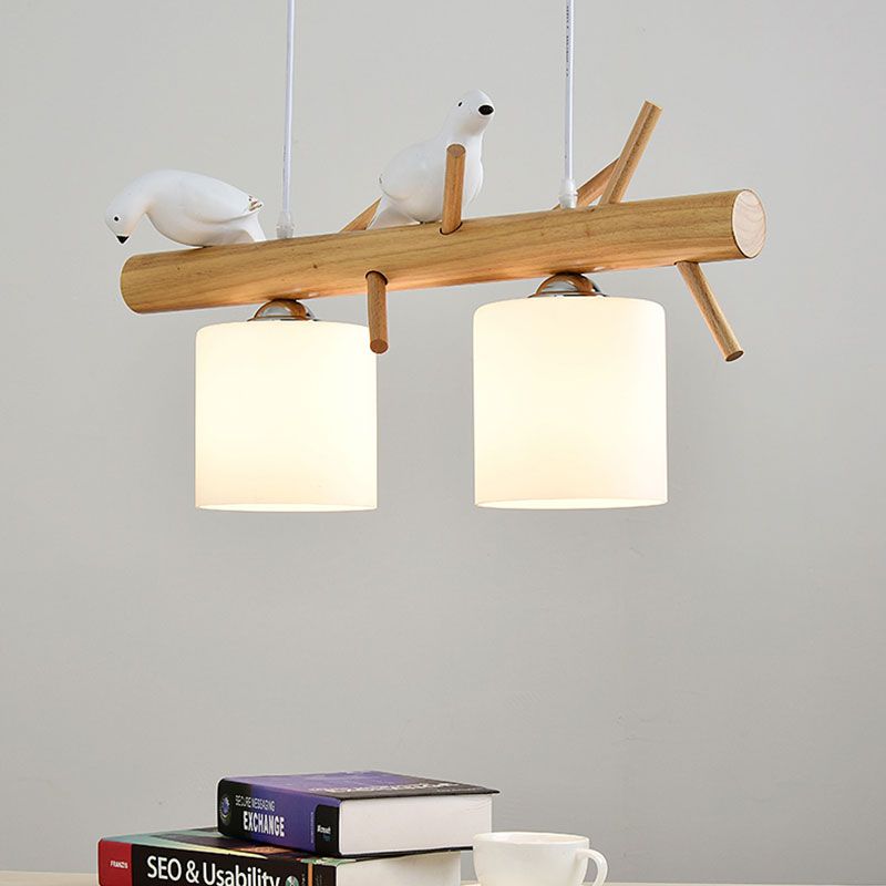Glass Cylinder Shade Island Light Dining Room 2/3 Lights Wood Hanging Chandelier with Bird Decor