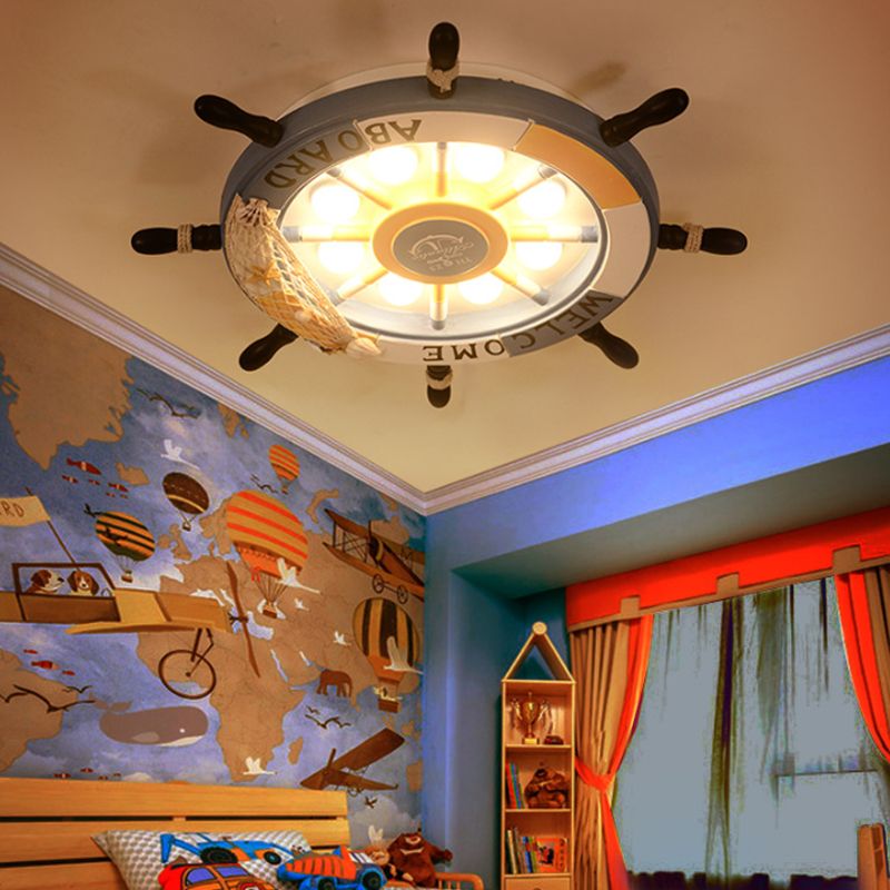 8 Lumières Bédouillaire Flush Mount Fixture with Rudder Wooden Shade Cartoon Blue / Brown Ceiling Lamp in Warm / White Light