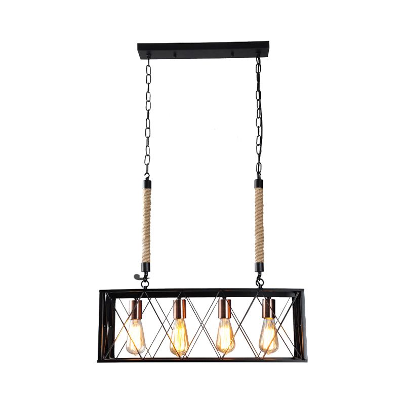 Linear Metal Island Lighting with X-Cage Shade Vintage Industrial 4 Bulbs Living Room Island Pendant Light in Black