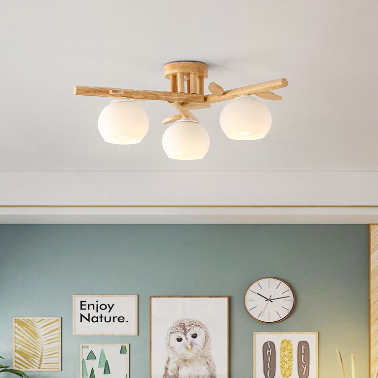 Log Color Indoor Ceiling Fixture in Modern Concise Style Wooden Globe Ceiling Light with Glass Shade