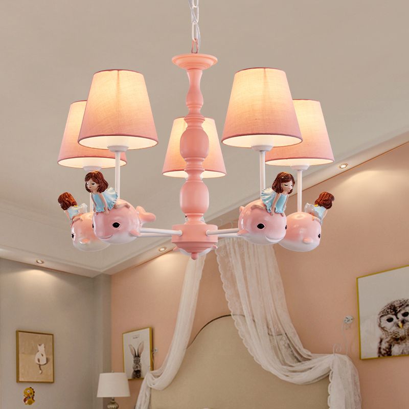 Empire Shade Girls Bedroom Chandelier Fabric Kids Style Hanging Light with Whale Decor