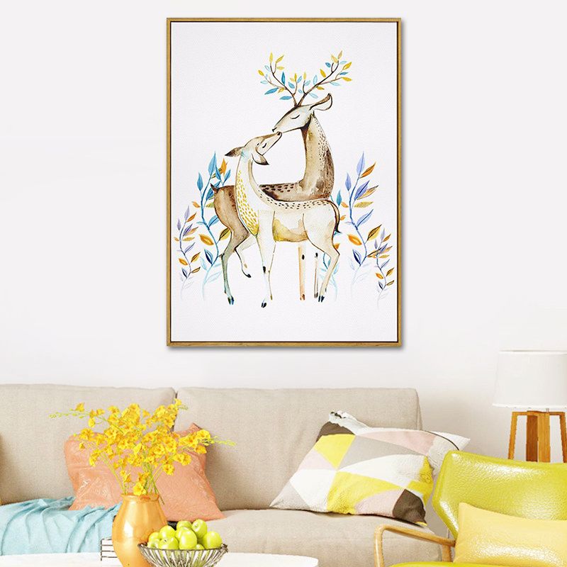 Elk with Flower Antler Art Print Trendy Canvas Wall Decor in Brown for Dorm Room